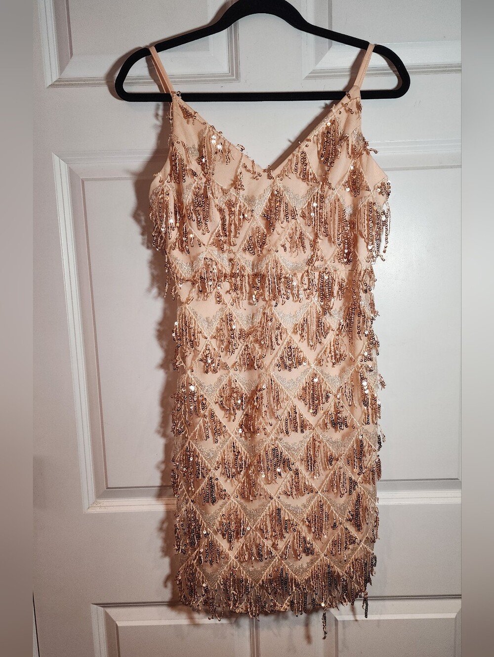 Sequin Fringe Peach Silver Party Mini Sleeveless Dress S